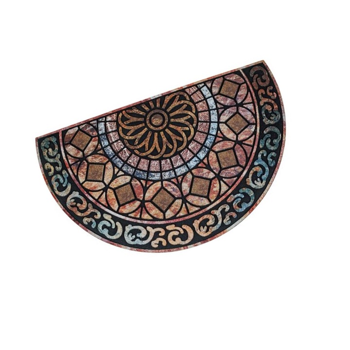Covor intrare VENITIVO®, antiderapant, model Mozaic, semioval, material sintetic si cauciuc, Lungime x latime x grosime 75 x 45 x 0.5 cm, culoare multilocor