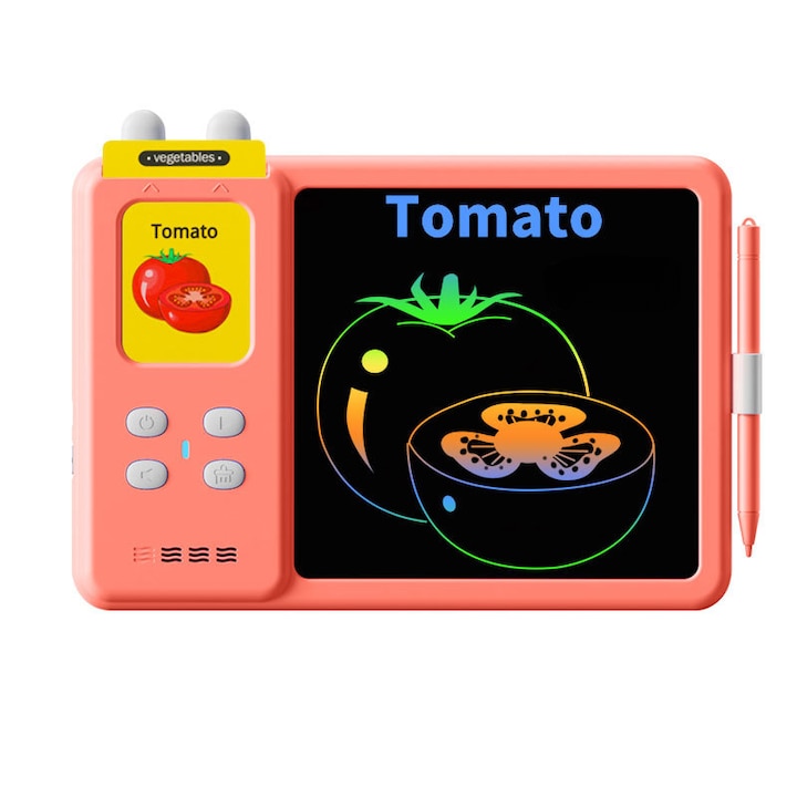 Tableta LCD educativa pentru copii ZENNED, invatarea limbii engleze cu cititor de carduri, 224 cuvinte, redare cuvinte cu sunet, stilou pentru scris si desenat, rosu pastel