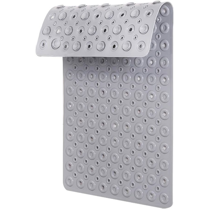 Csúszásmentes fürdőszőnyeg szett, 39x87 cm, PVC, tapadókorongokkal és lefolyónyílásokkal, 2 db öntapadó kampót, 4 db csúszásgátló csíkot és tárolótáskát tartalmaz, gépben mosható, Szürke