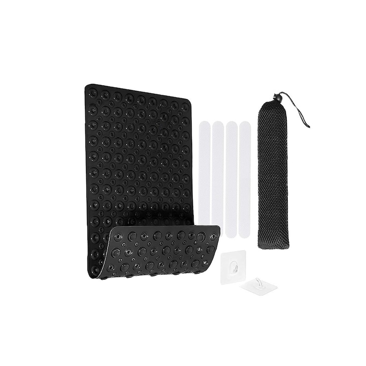 Csúszásmentes fürdőszőnyeg készlet, 39x87 cm, PVC, tapadókorongokkal és lefolyónyílásokkal, 2 db öntapadó kampót, 4 db csúszásgátló csíkot és tárolótáskát tartalmaz, mosógépben mosható, Fekete