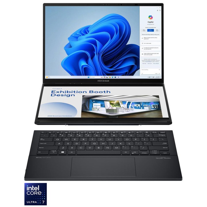 Laptop ASUS Zenbook Duo OLED cu procesor Intel® Core™ Ultra 7 Processor 155H pana la 4.8 GHz, 14.0", 3K, OLED, Touch, 16GB DDR5, 1TB SSD, Intel® Arc™ Graphics, Windows 11 Pro, Inkwell Gray