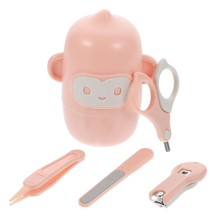 Trusa ingrijire unghii bebelusi - set 4 piese manichiura si pedichiura bebe - unghiera, forfecuta, penseta, pila - Dodoli Maimutica Roz