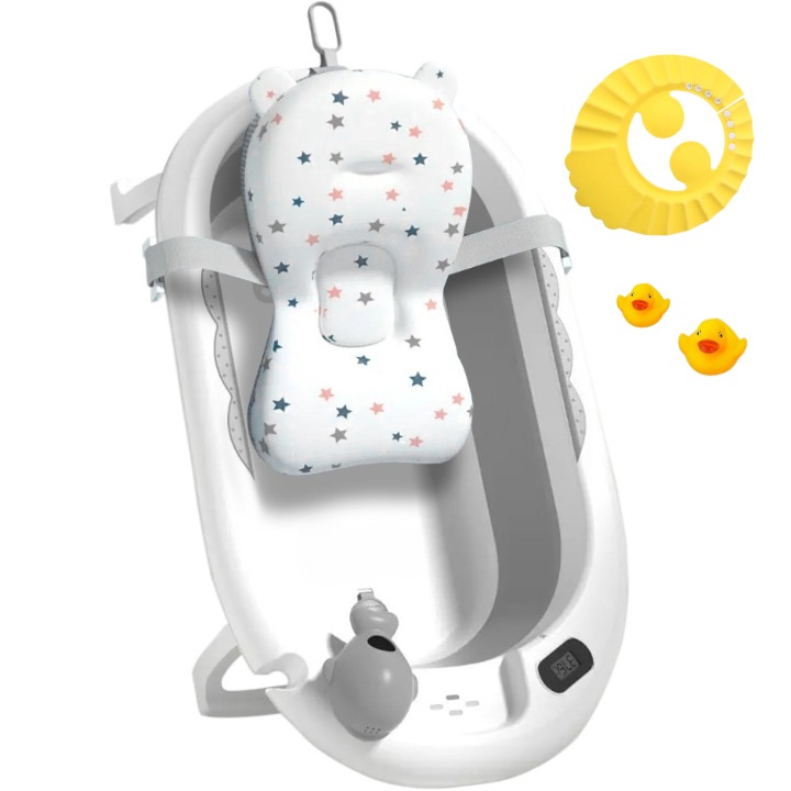 Сгъваема бебешка вана с възглавница UniqViBE®, вграден термометър, чаша за изплакване тип играчка, душ слушалка и държач за сапун, включени 2 патета и защитен шлем, крачета против плъзгане, Ергономичен дизайн, Royal Grey