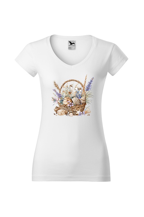 Tricou Femei cu decolteu in V Prestige-Boutique, Cosulet cu flori 10, alb, L
