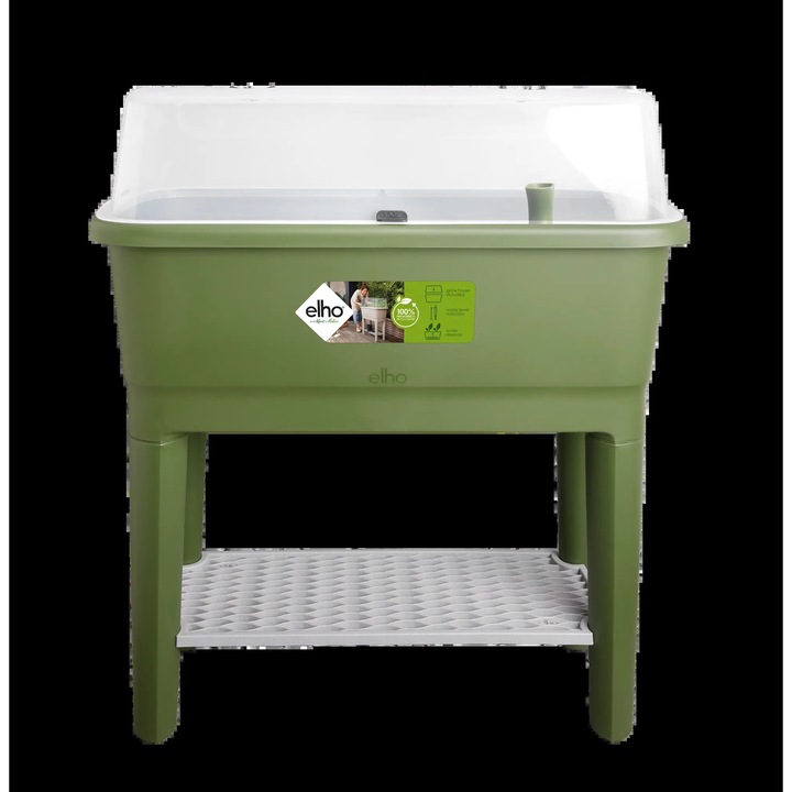 Masa de plantare pentru cresterea legumelor pe balcon sau terasa Noa Grow Table, cu capac care imita efectul de sera si rezervor de apa, din plastic reciclat, culoarea moss green