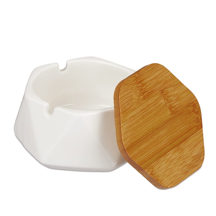 Керамичен пепелник с бамбуков капак, Relaxdays, ветроустойчив, бял, 6 x 10,5 x 10,5 cm