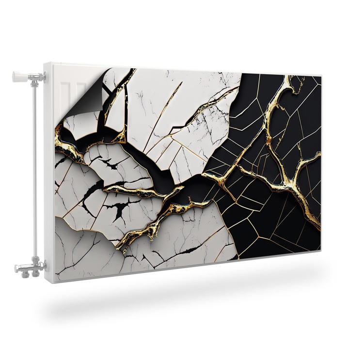 Magnet Muralo, decor radiator, marmura abstracta alb-negru 120 cm x 60 cm elemente aurii, stil glamour