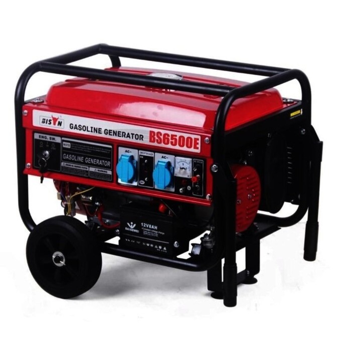 Generator portabil pe benzina Bizon BS6500, 5000W-5500W, 230V, 25L, Motor: racit cu aer in 4 timpi, Continutul cilindrului: 389ccm, Consum: min. 0, 45 l / kWh, Regulator de tensiune, Indicator nivel combustibil, Cabluri de incarcare a bateriei