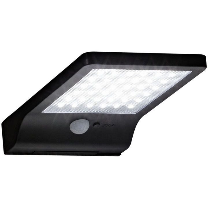 Lampa solara Modee WS107, cu senzor de miscare, 300 lm, acumulator 3.7V 2000mAh 18650, IP44, Negru
