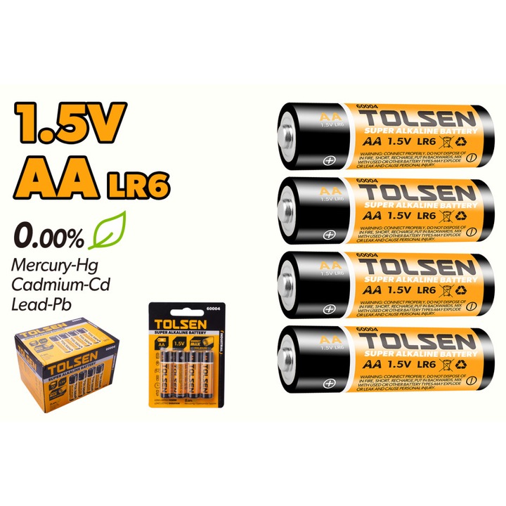 Baterii Super Alcaline TOLSEN, AA LR6, 1.5V, Set 4 buc, Zero mercur si cadmium, Durata lunga, Protectie anti-scurgere, Carcasa otel placat nichel, Ideale pentru jucarii, lanterne, telecomenzi