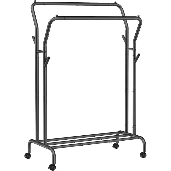 Mobil állvány kerekekkel ruha tárolására, Artool, cipőpolccal, acél, fekete, max 100 kg, 103,5x52,5x155 cm