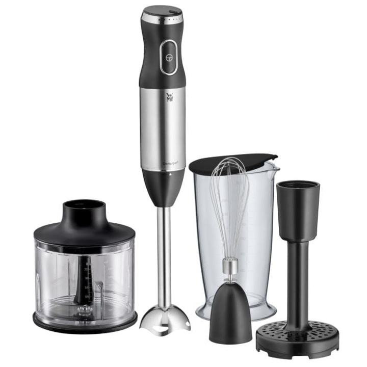 Blender WMF Kult X contine blender, accesoriu pentru tocat, tel, masher, cana de 700 ml cu capac,600w, negru
