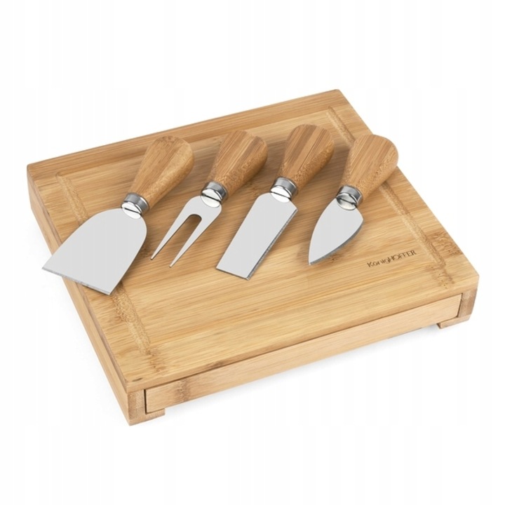 Platou branzeturi cu 4 tacamuri, Konighoffer, Bambus/Inox, 21.8 x 19 x 3.5 cm, Maro/Argintiu