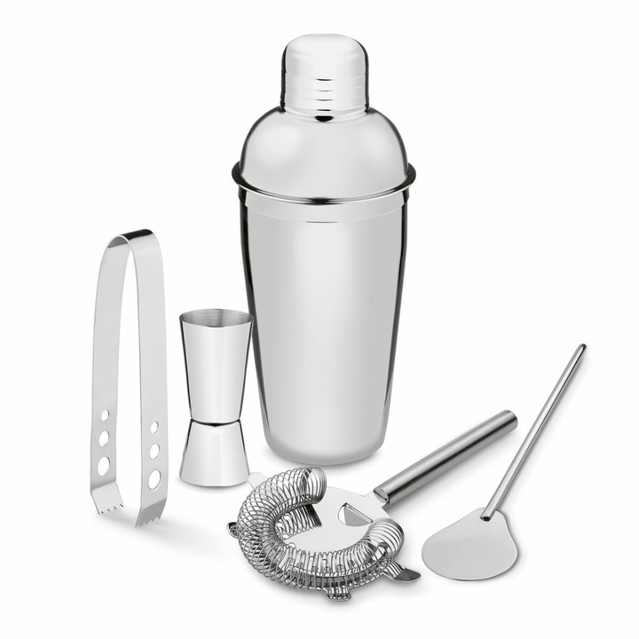Шейкър комплект и 4 аксесоара за барман, Tadar, Неръждаема стомана, Сребрист