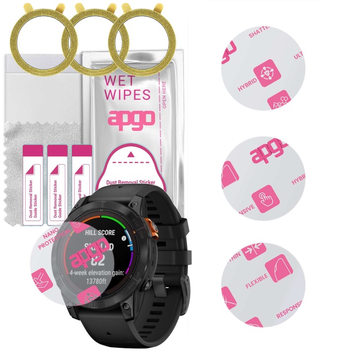 Set 3x folii protectie, APGO Hybrid Glass pentru Garmin Fenix 7 Pro, Ultra Clear, rezistent, 8H, transparent, 0.2mm