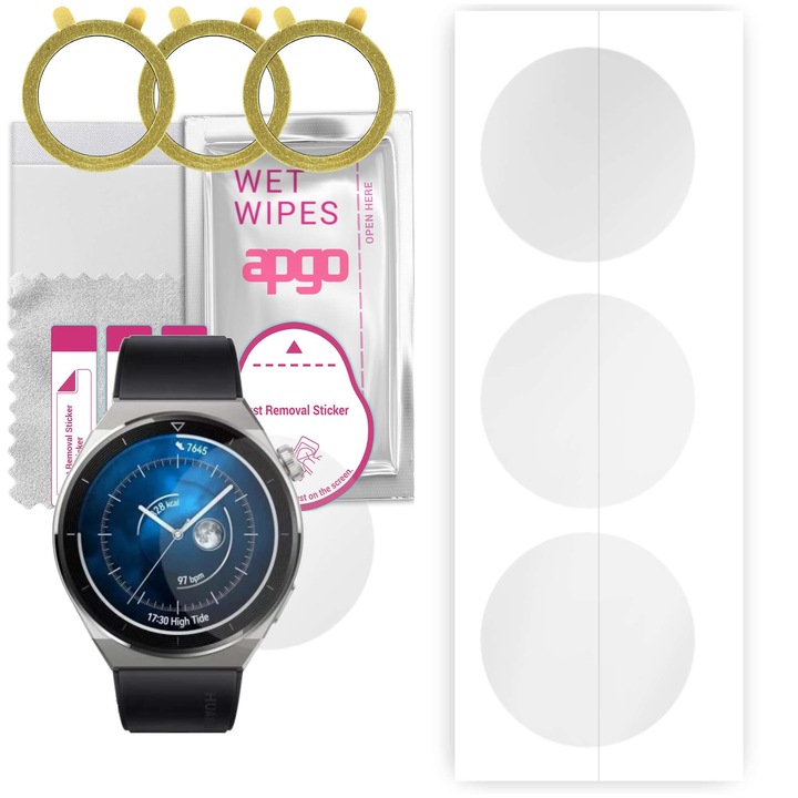 Set 3 folii protectie Apgo, Huawei Watch GT 3 Pro Sport 46mm, film hidrogel, cu strat de pozitionare de instalare usoara