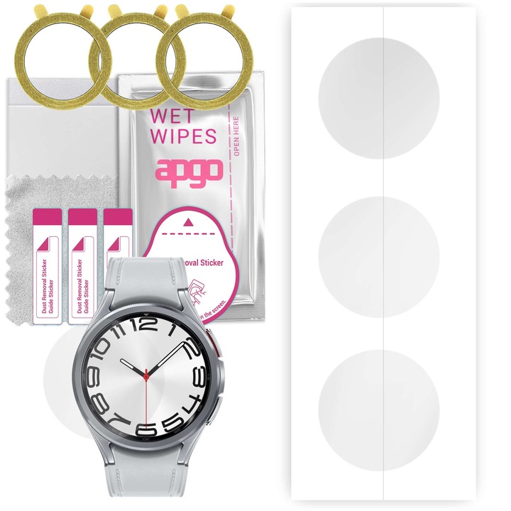 Set 3 folii protectie Apgo, Samsung Galaxy Watch Classic 6 47mm, film hidrogel, cu strat de pozitionare de instalare usoara
