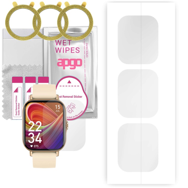 Set 3 Folii Protectie Hydrogel APGO pentru Smartwatch SG-Gadgets DT94, Ultra Clear, Auto-Reparare, Transparent, 0.12mm
