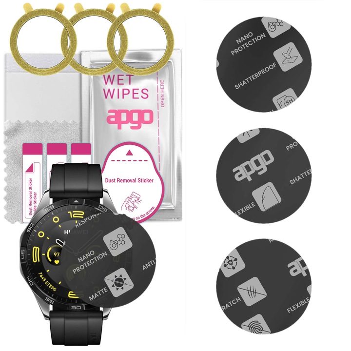 Set 3 folii protectie mata Apgo, ecran din sticla hibrida pentru Huawei Watch GT4 46 mm, inlocuitor de sticla temperata, fara crapaturi