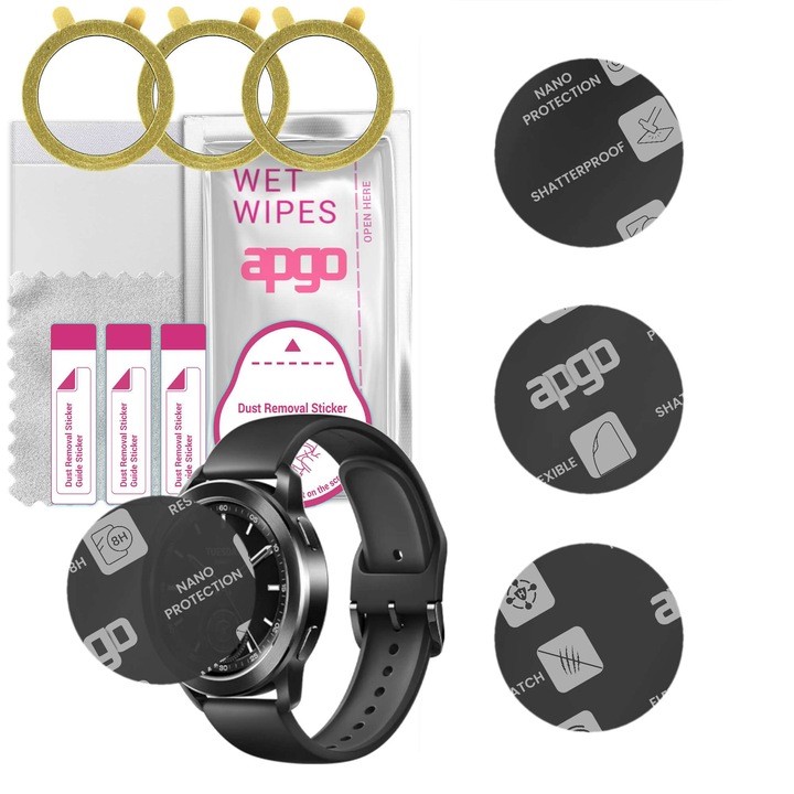 Set 3 folii protectie mata Apgo, ecran din sticla hibrida pentru Xiaomi Watch S3, inlocuitor de sticla temperata, fara crapaturi
