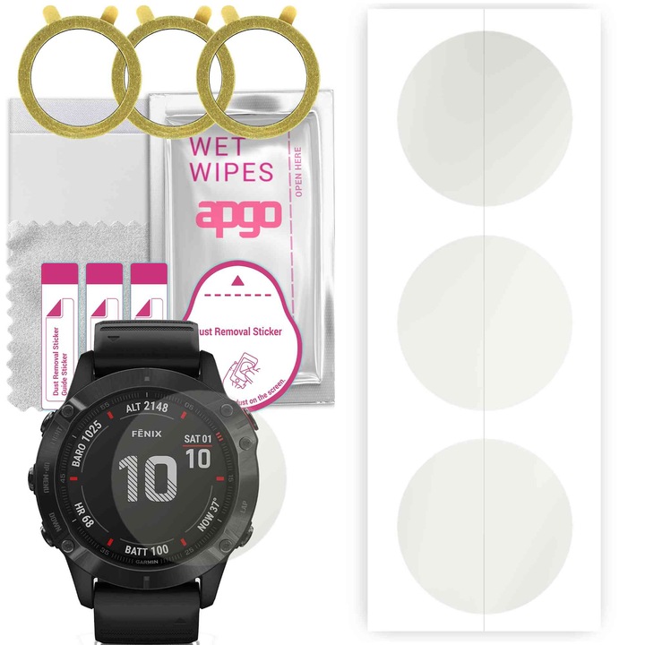 3 védőfólia készlet okosórához, Apgo, kompatibilis a Garmin Fenix 6X Pro, Hydrogel, Transparent