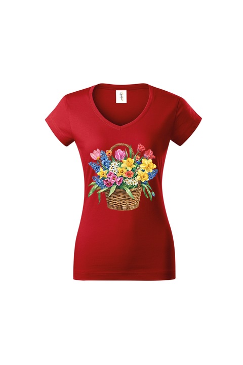 Tricou Femei cu decolteu in V Prestige-Boutique, Cosulet cu flori 24, rosu, 2XL