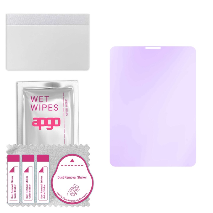 Kit folie ecran pentru tableta, APGO, Sticla hibrid, Compatibil cu Apple iPad Pro 11 (2018), Protectie lumina albastra, 9H, Mov/Transparent