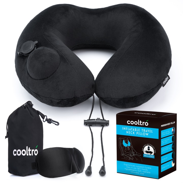 Perna de calatorie cooltro, gonflabila, pentru gat sau suport lombar plus masca 3D reglabila pentru ochi si husa de transport cu carabina