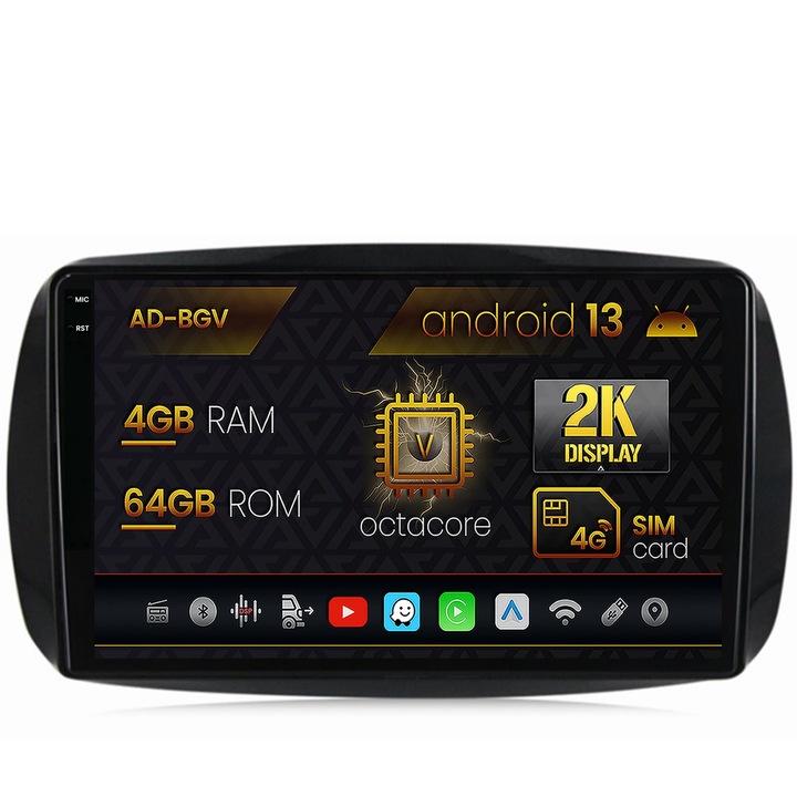 Navigáció Autodrop Smart for Two (2016-Present), Android 13, V-Octacore, 4GB RAM, 64GB ROM, 9,5 hüvelyk - AD-BGV9004, AD-BGRKIT412