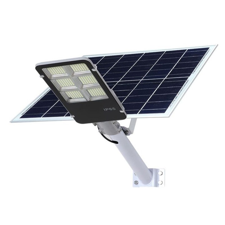 Соларна улична лампа eMazing, IP65, Сензор за светлина, 100 SMD LED, 7200 lm, 12W панел, 80W мощност, 12-16 часа автономност, Дистанционно управление, ABS материал, Студена бяла светлина