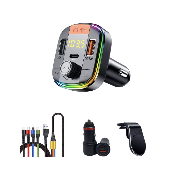 Modulator FM Swipz Bluetooth 5.0, functie de incarcator auto quickcharge 3.0 si port USB C, cabluri date, suport telefon mobil