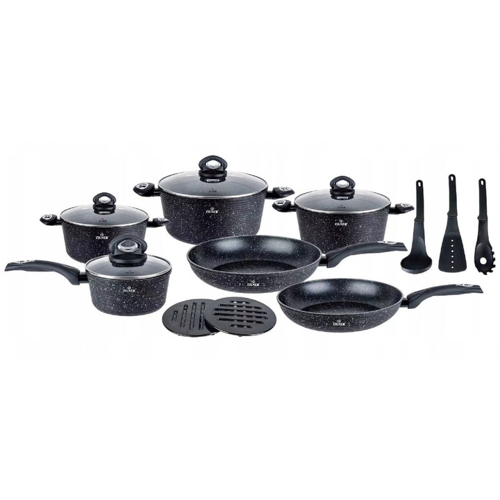 Set 15 piese, Zilner, Oale cu capac, tigai si ustensile bucatarie, Marmura, 1.2-4.3 l, 16-28 cm, Negru