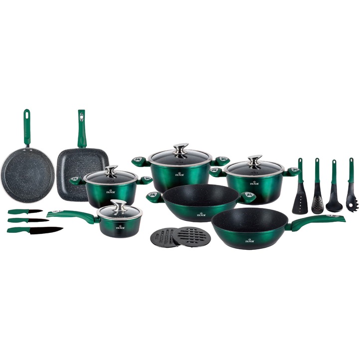 Set 21 piese gatit, Zilner, Aluminiu, 4 Oale, 4 Tigai, Ustensile, Negru/Verde