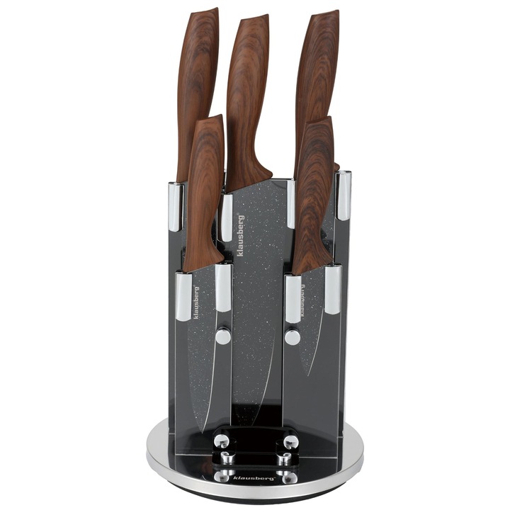 Set 5 cutite cu suport, Klausberg, Inox, 9/12.5/20 cm, Maro/Gri