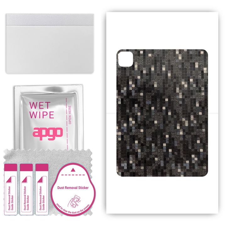 Folie protectie spate APGO pentru Apple iPad Pro 11", textura Pixel negru de carbon, rezistent la zgarieturi, set complet