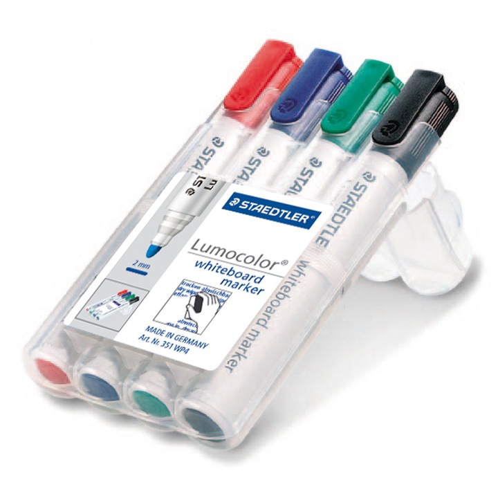 Комплект маркери Staedtler Lumocolor 351 за бяла дъска, обли,4цвята, опаковка 2