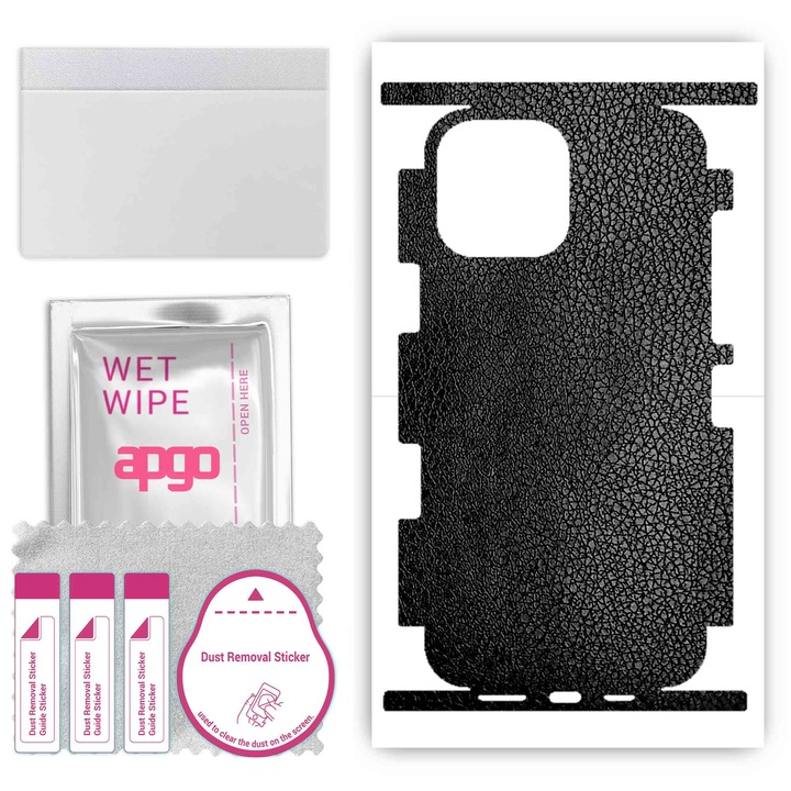 Folie de vinil pentru spate + parti compatibile cu Apple iPhone 13 Pro Max, rezistent la zgarieturi, Piele neagra