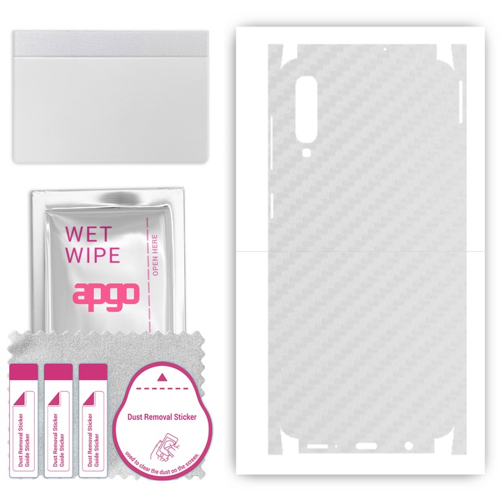 Folie de vinil pentru spate + parti compatibile cu Samsung Galaxy A50, rezistent la zgarieturi, Carbon transparent