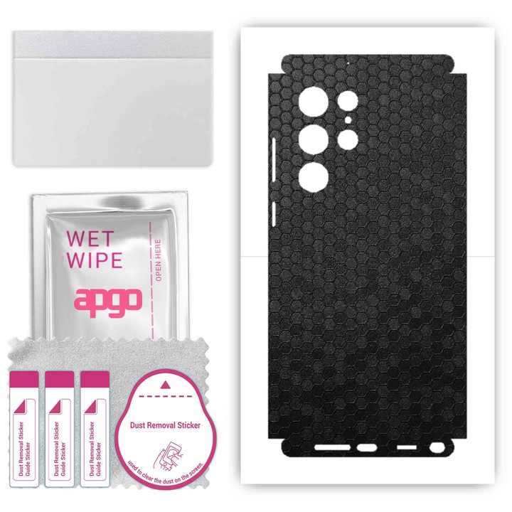 Folie de vinil pentru spate + parti compatibile cu Samsung Galaxy S22 Ultra, rezistent la zgarieturi, Fagure de miere negru