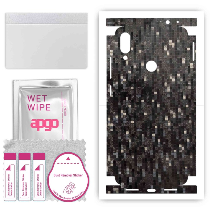 Folie de vinil pentru spate + parti compatibile cu Xiaomi Redmi Note 7, rezistent la zgarieturi, Pixel negru de carbon