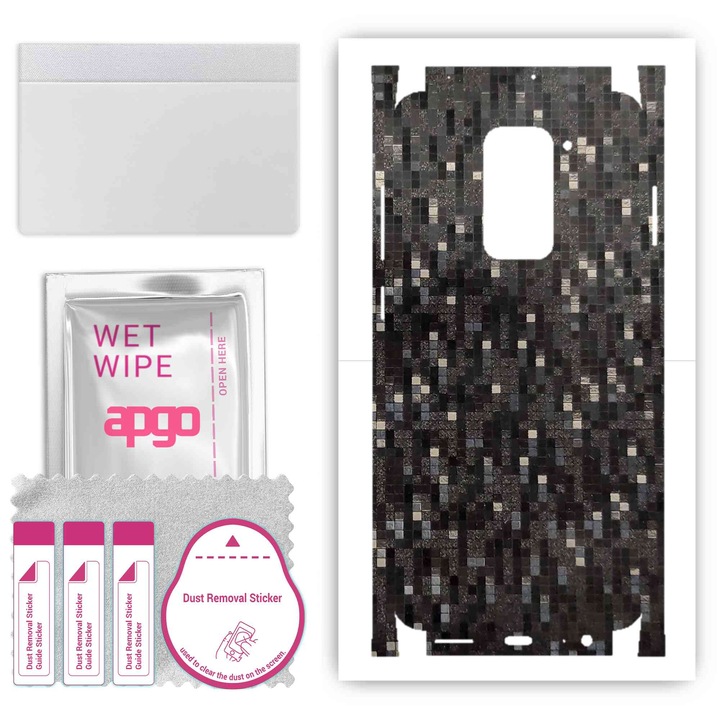 Folie de vinil pentru spate + parti compatibile cu Xiaomi Redmi Note 9, rezistent la zgarieturi, Pixel negru de carbon