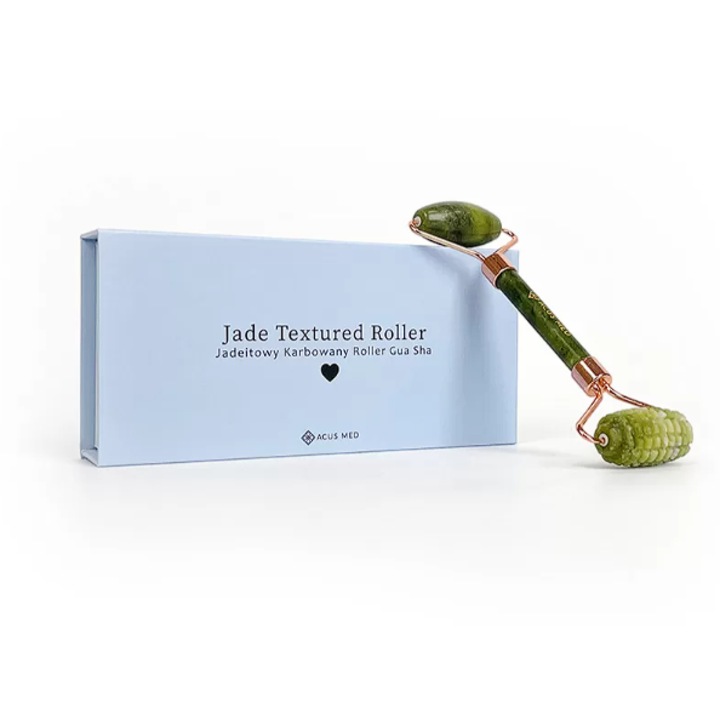 Rola de masaj facial profesionala Acus Med, din jad 100% natural, pentru drenaj limfatic, efect anti-rid si reducerea cearcanelor, cu rola dubla pentru fata, ochi si gat, instrument pentru rutina de ingrijire, culoare Verde