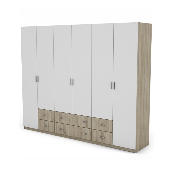 Dulap, Meblast, Premium lucrate manual, 270 cm x 220 cm x 57 cm, Sifonier, PAL 18 mm, HDF de 3 mm, PVC 0.8 mm, Numar de usi 6, Numar de sertare 6, Sonoma Bright /Alb