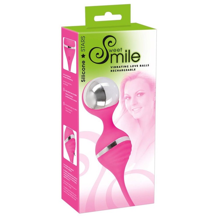 Bile vaginale Sweet Smile, stimulare, antrenament Kegel, 10 programe, argintiu, 18x3,7cm