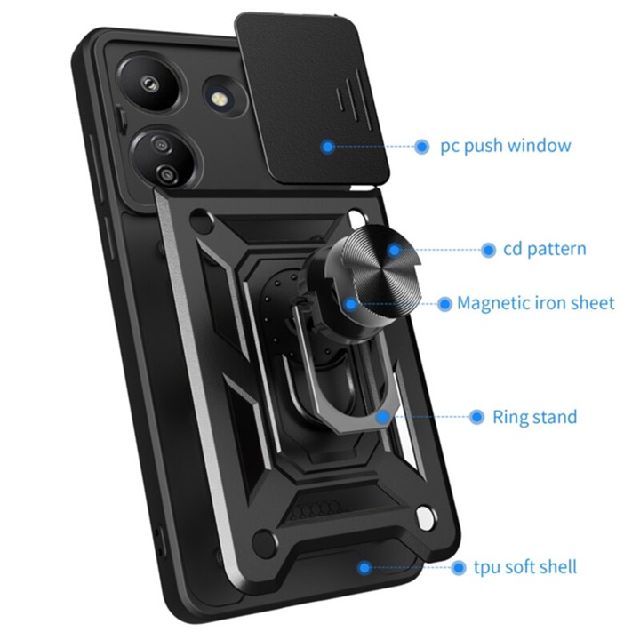Калъф за телефон, съвместим с xiaomi redmi 13c 5g / poco m6, slide & snap premium, държач с магнитен пръстен, черен
