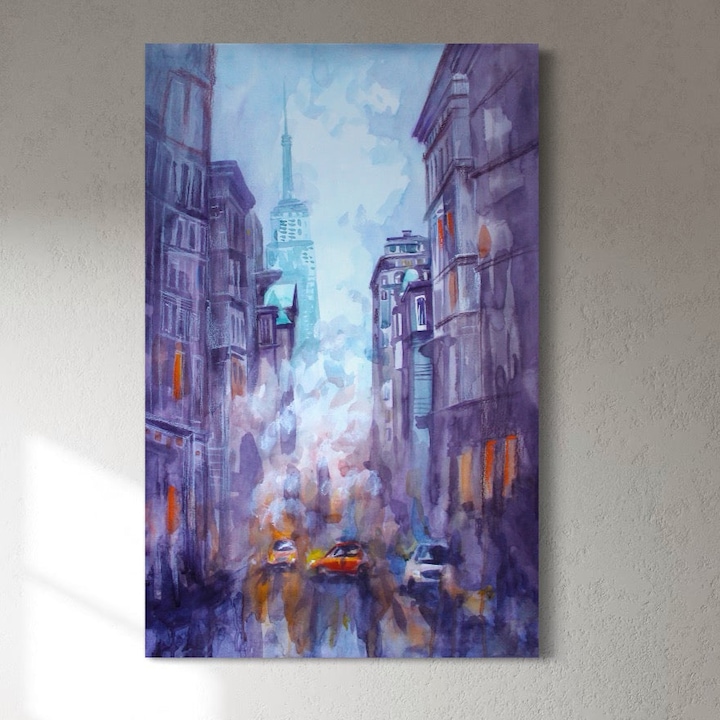 Tablou Canvas Premium, LuxCanva® A1364, Orange Car, 70 X 110 CM, Panza Bumbac 100% 400g/m2, Sasiu Lemn, Living, Masina, Portocaliu, Oras, Dormitor, Culori Vibrante