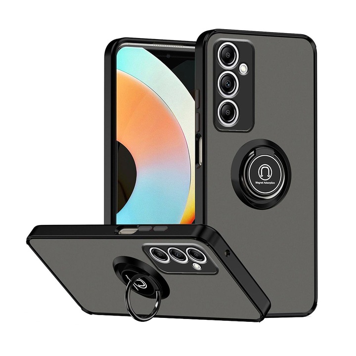 Husa Matte Ring Grip, Compatibil cu Samsung Galaxy A15/ A15 5G, Antisoc Armor, Inel rotativ 360 grade, Magnet suport auto incorporat, Negru