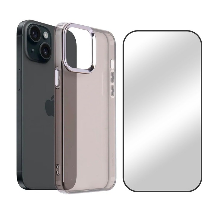 Set Folie Sticla Securizata 5D si Husa Silicon 1.5MM Flexibil TPU pentru Samsung Galaxy S23 FE, Margini Negre, Smoky Color, Negru