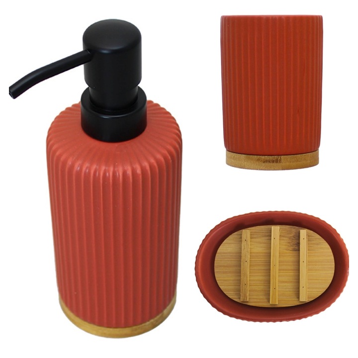 Set dozator, pahar si savoniera, Frandis, ceramica si bambus, model Teracota