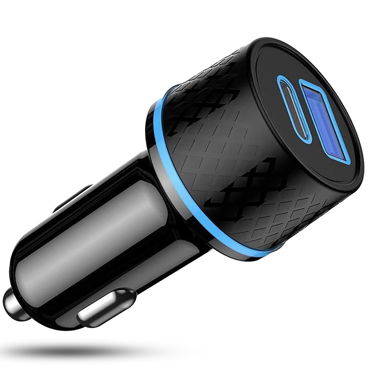 Зарядно за кола Timebox, Super Fast-Charge 43W, 1 x USB QC 3.0, 1 x USB-C, LED светлини, Универсално, Съвместимо с iPhone, Samsung, Huawei, Черен